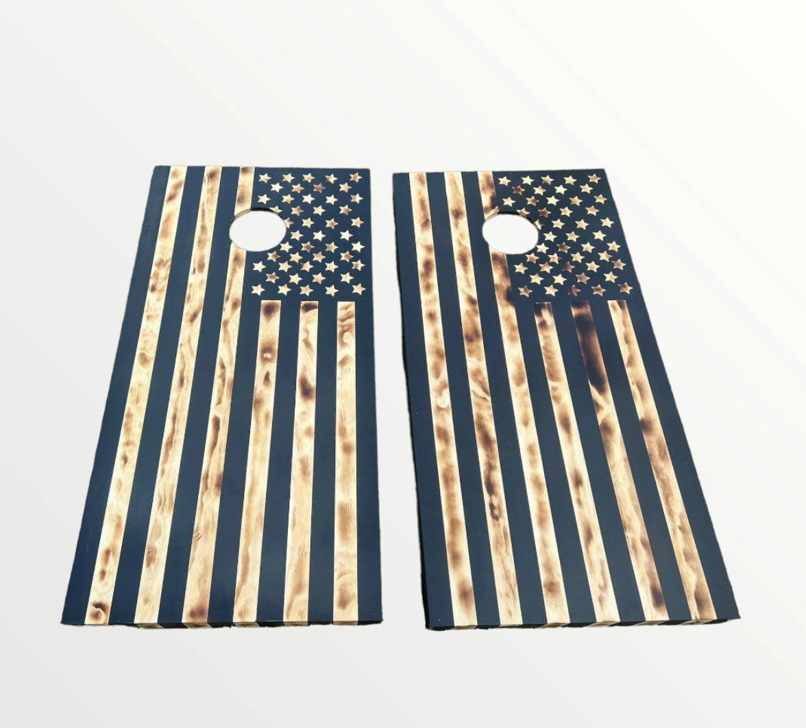 Black & Burnt American Flag Corn Hole Boards